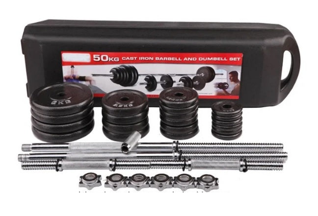 York Cast Iron Plate Barbell Dumbell Set 50kg Kilbirnie Sports